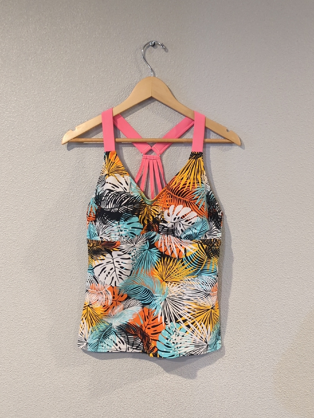 Women’s Tropical Print Swim Tank Top with Pink Straps Size Large